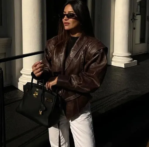 Chic Oversized Faux Leather Jacket with Retro American Vibes