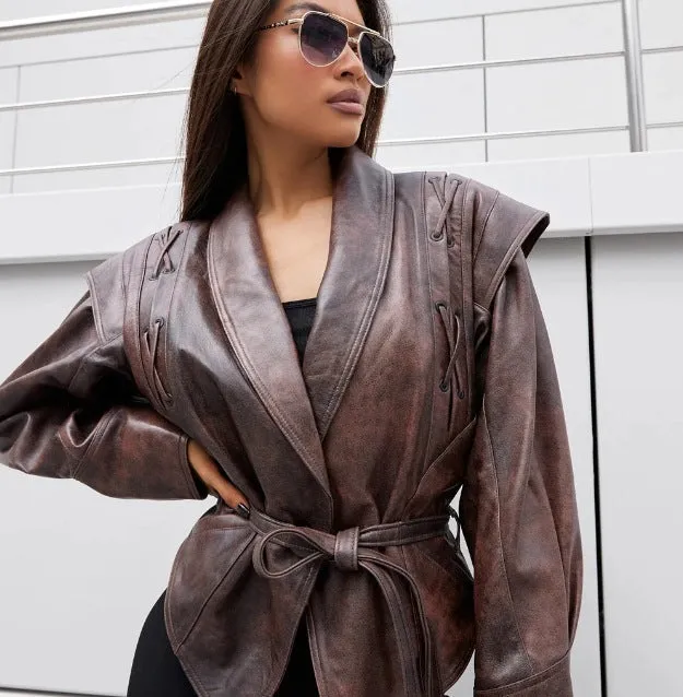 Chic Oversized Faux Leather Jacket with Retro American Vibes