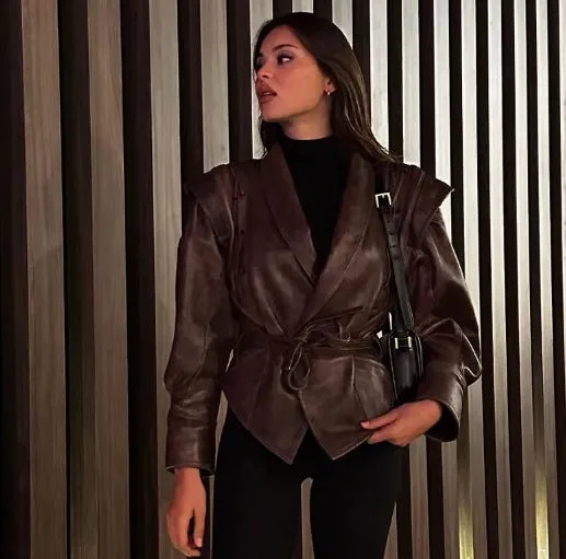 Chic Oversized Faux Leather Jacket with Retro American Vibes