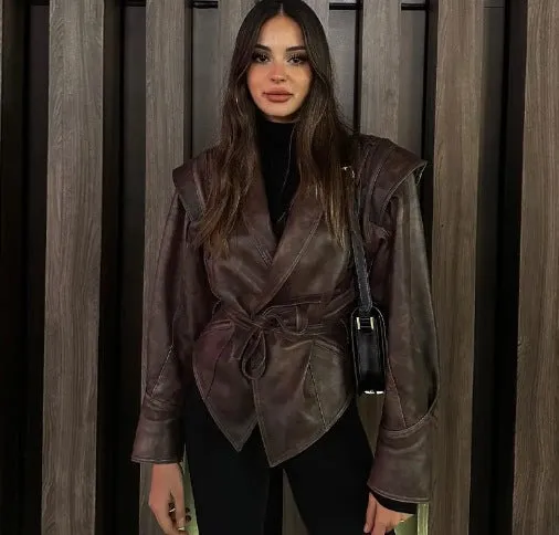 Chic Oversized Faux Leather Jacket with Retro American Vibes