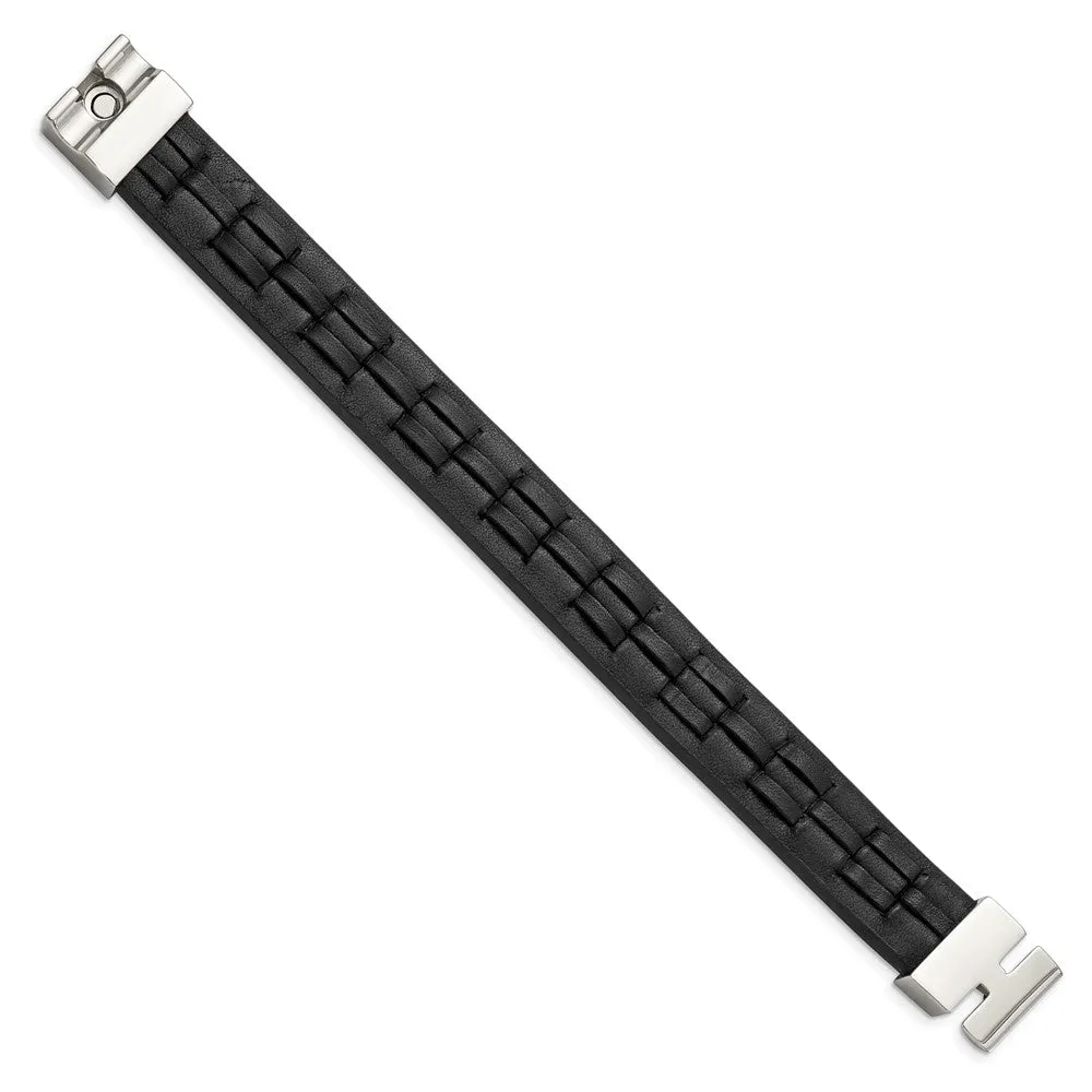 Chisel Stainless Steel Polished Black Leather 8 inch Bracelet