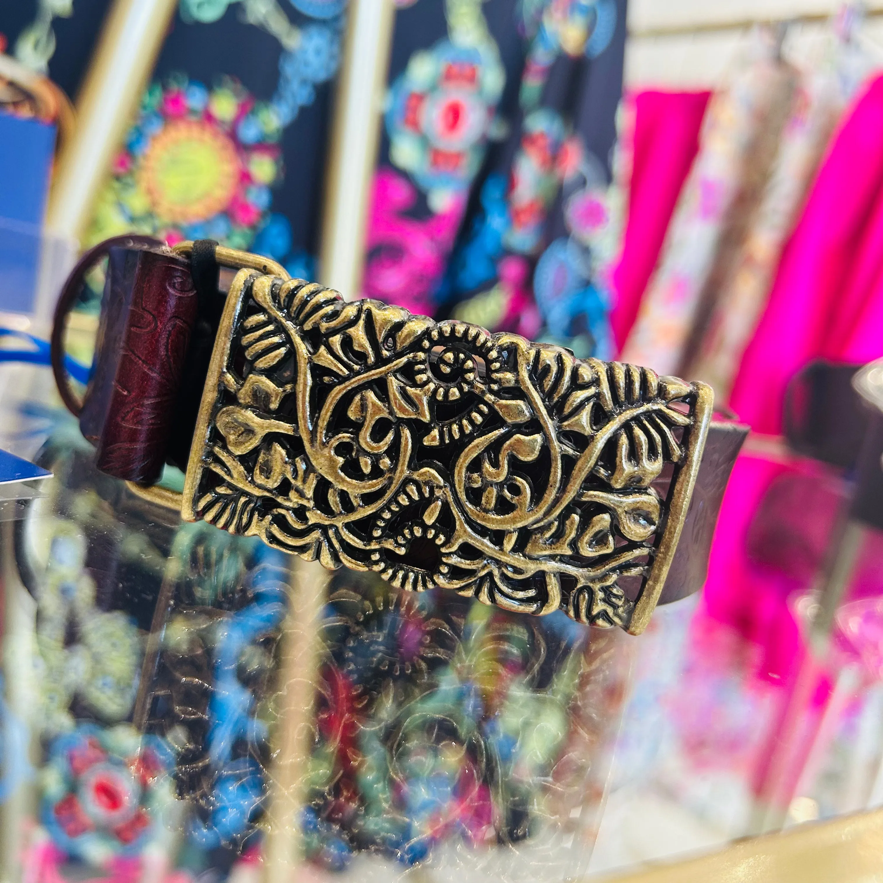 Coffee Floral Print Antiqued Buckle Belt