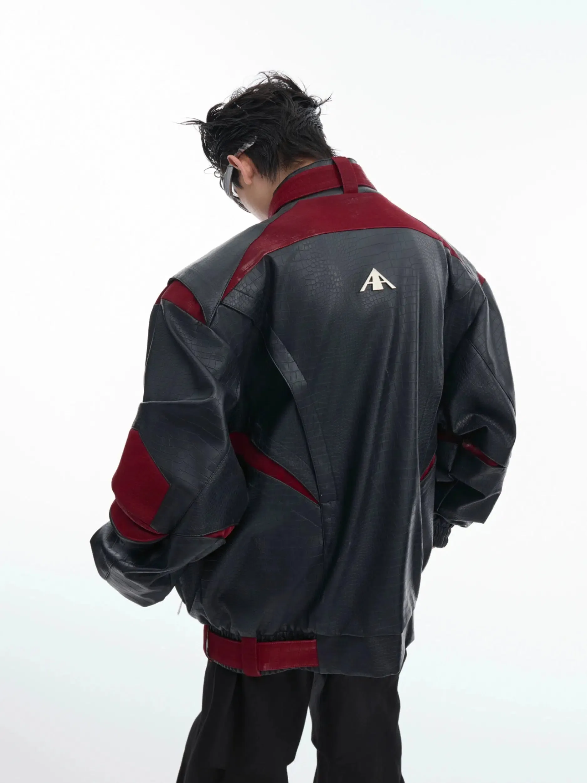 Crocodile Pattern Contrast Leather Jacket