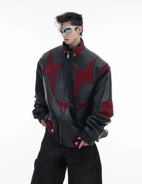 Crocodile Pattern Contrast Leather Jacket