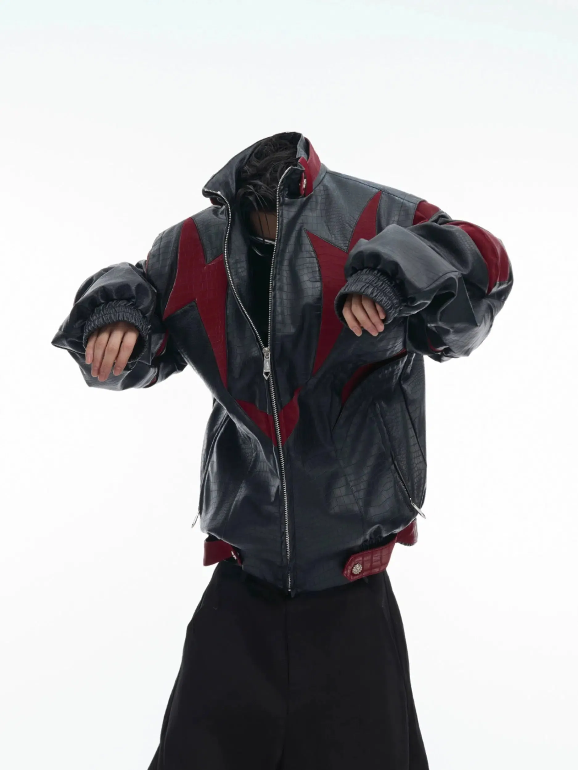 Crocodile Pattern Contrast Leather Jacket