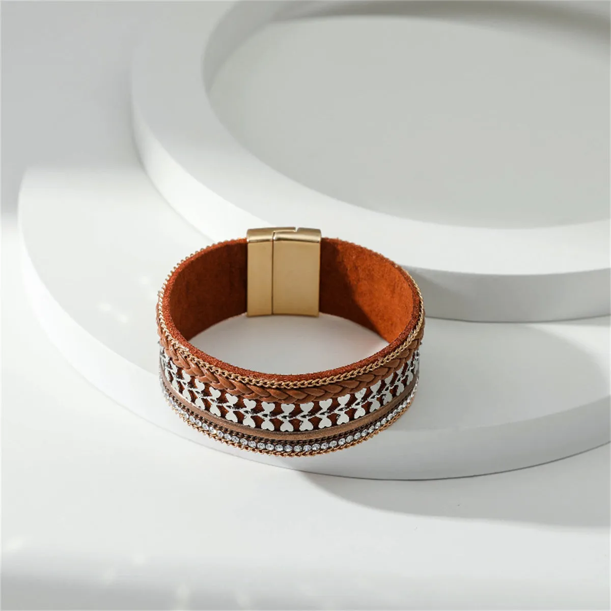 Cubic Zirconia & Brown Polystyrene Two-Tone Curb-Chain Heart Bangle