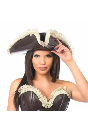 Dark Brown Distressed Faux Leather with Cream Lace Pirate Hat