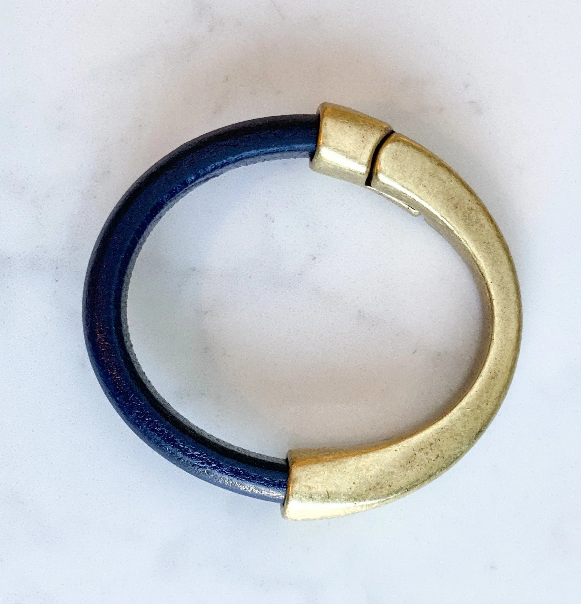 Dark Navy Thick Leather Bracelet for Women with Antique Brass Half Cuff Magnetic Clasp