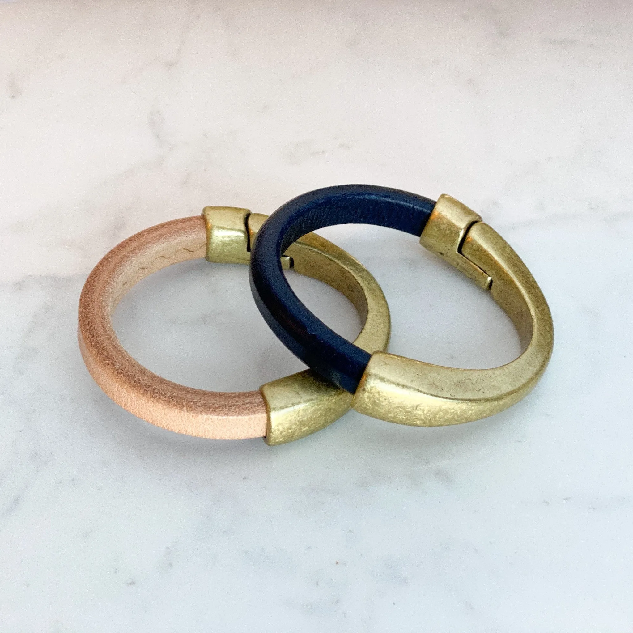 Dark Navy Thick Leather Bracelet for Women with Antique Brass Half Cuff Magnetic Clasp