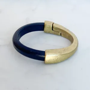 Dark Navy Thick Leather Bracelet for Women with Antique Brass Half Cuff Magnetic Clasp