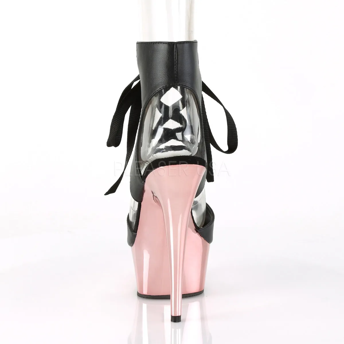 DELIGHT-600-14  Black Faux Leather/Rose Gold Chrome