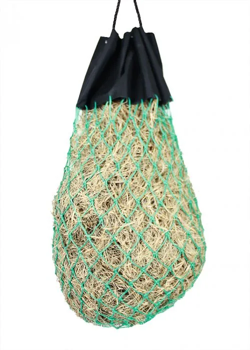 Easy-fill slow feed nylon hay bag with drawstring top closure
