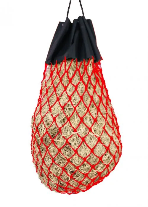Easy-fill slow feed nylon hay bag with drawstring top closure