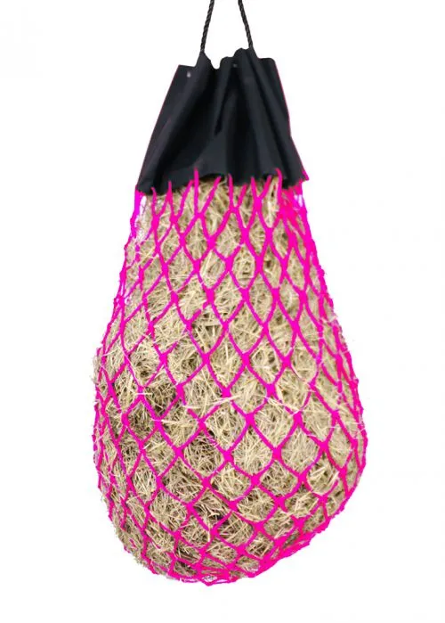 Easy-fill slow feed nylon hay bag with drawstring top closure