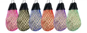 Easy-fill slow feed nylon hay bag with drawstring top closure
