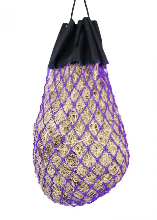 Easy-fill slow feed nylon hay bag with drawstring top closure