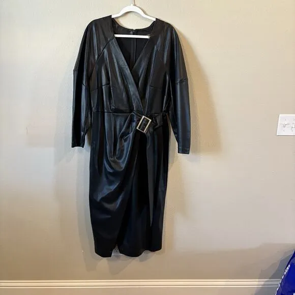 Eloquii Black Faux Leather Belted Crossover Faux Wrap Dress 18 Sophisticated