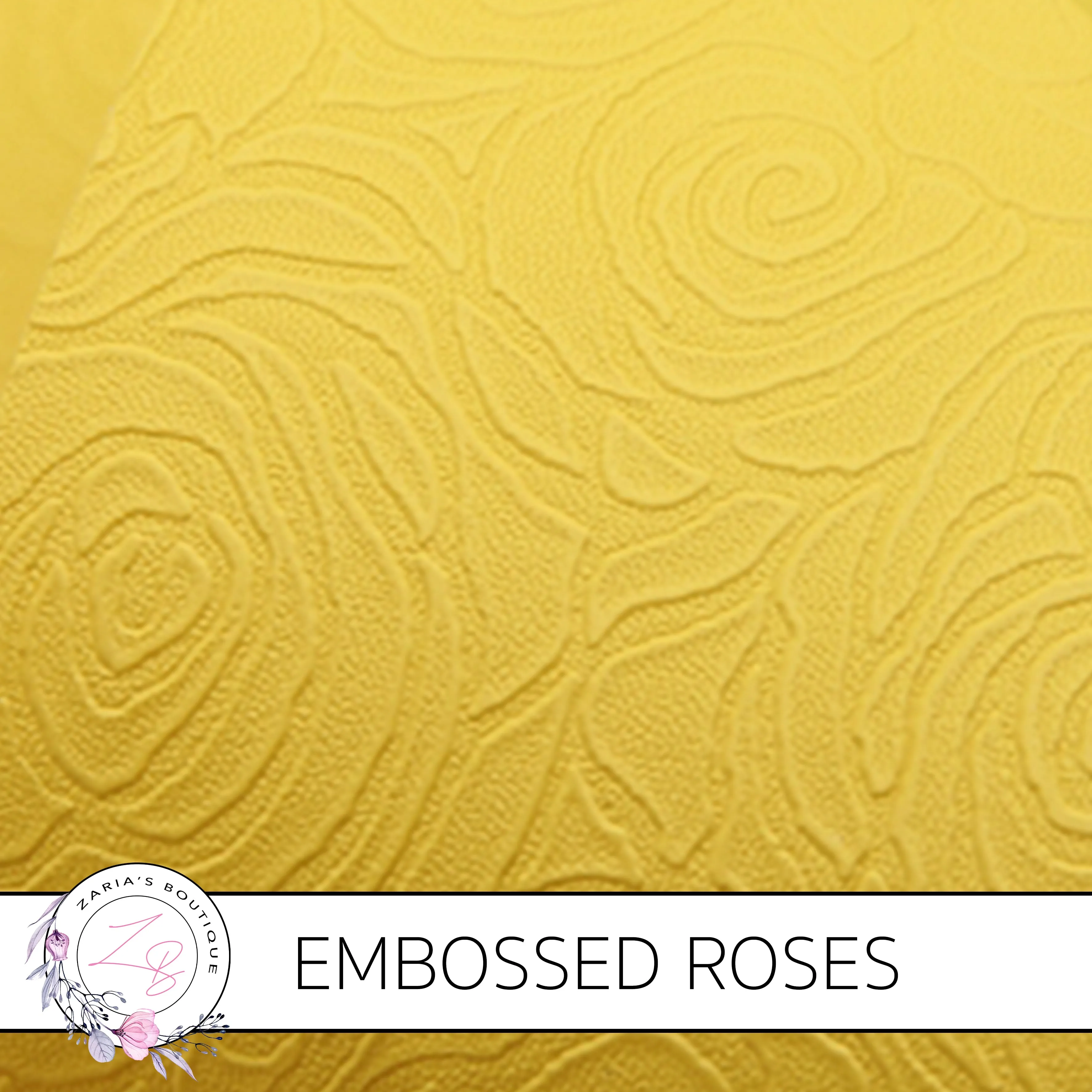 Embossed Roses ~ Yellow ~ Faux Leather Leatherette Pleather ~ 0.60mm