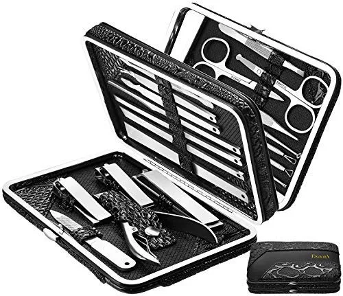 ESARORA Manicure Set, 18 in 1 Stainless Steel Professional Pedicure Kit Nail Scissors Grooming Kit with Black Leather Travel Case