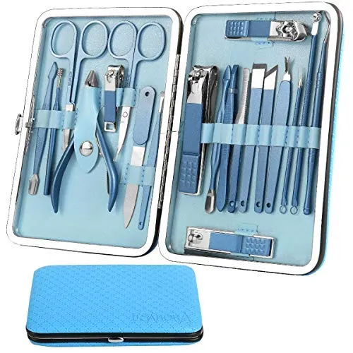 ESARORA Manicure Set, 18 in 1 Stainless Steel Professional Pedicure Kit Nail Scissors Grooming Kit with Black Leather Travel Case