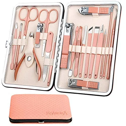 ESARORA Manicure Set, 18 in 1 Stainless Steel Professional Pedicure Kit Nail Scissors Grooming Kit with Black Leather Travel Case