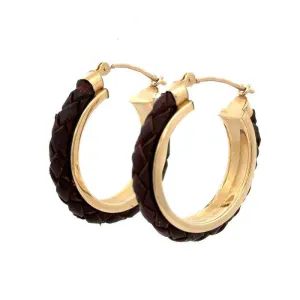 Estate Brown Leather Round Hoops in 14K Yellow Gold