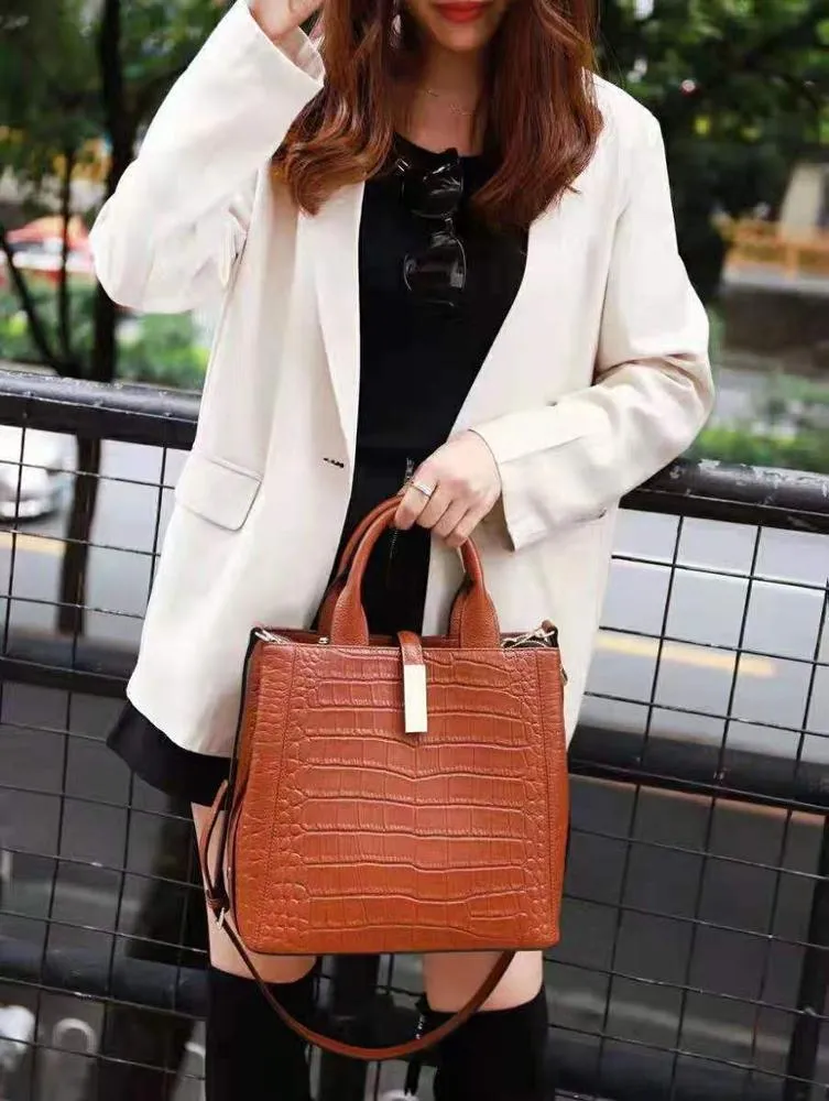 Factory Black Embossed Genuine Leather Bags women quilt bag  handbags for women