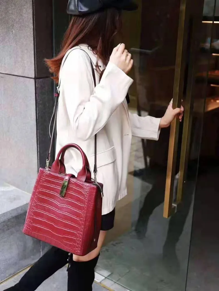 Factory Black Embossed Genuine Leather Bags women quilt bag  handbags for women