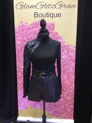 Faux Leather Black Turtleneck Back Zipper Top