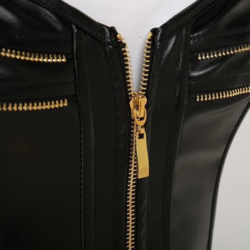 Faux PU Leather Lace Up Boned Overbust Corset