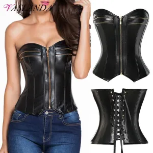Faux PU Leather Lace Up Boned Overbust Corset
