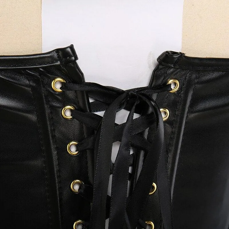 Faux PU Leather Lace Up Boned Overbust Corset