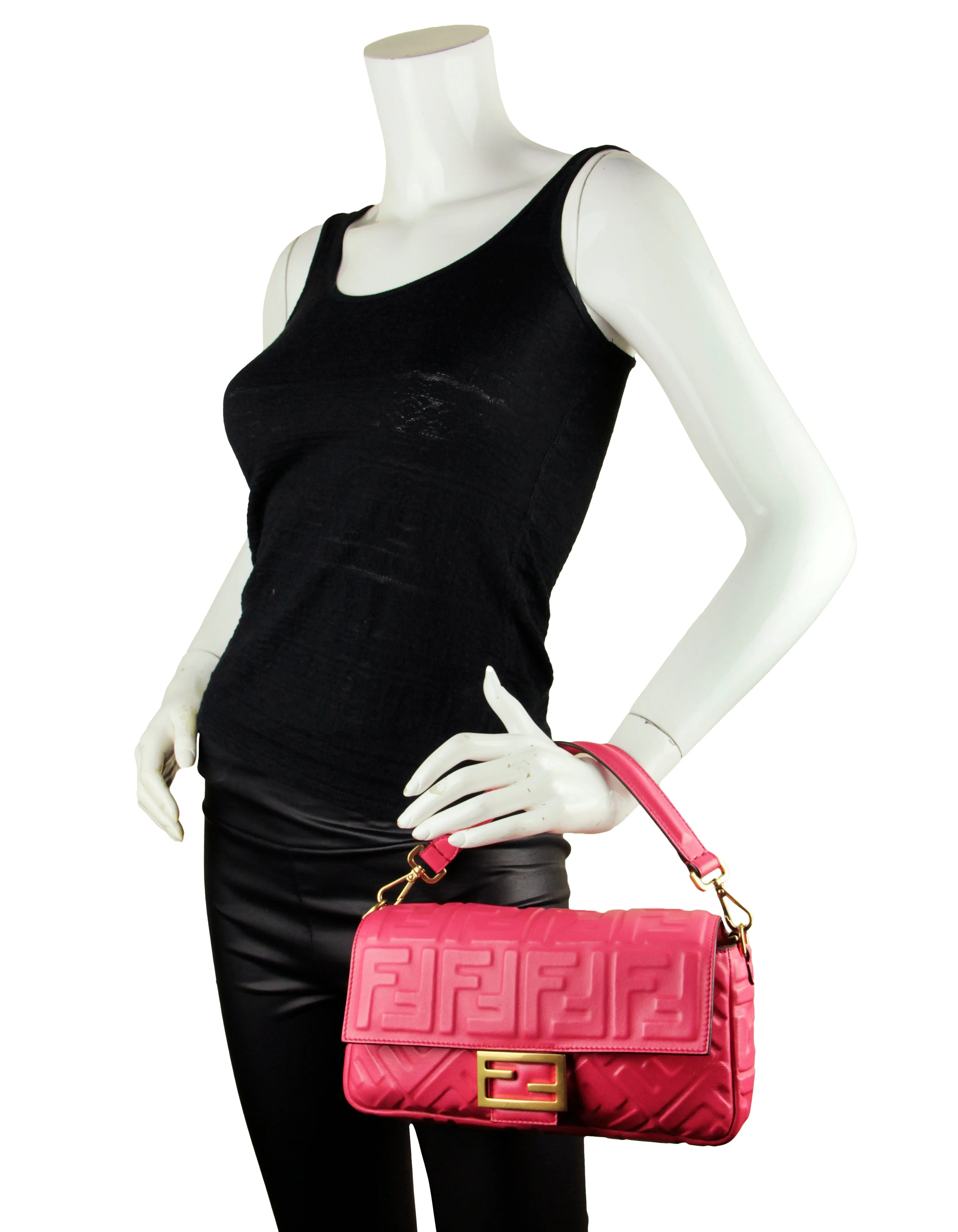 Fendi Pink Nappa Embossed Logo FF 1974 Large Baguette NM Bag w/ Two Straps