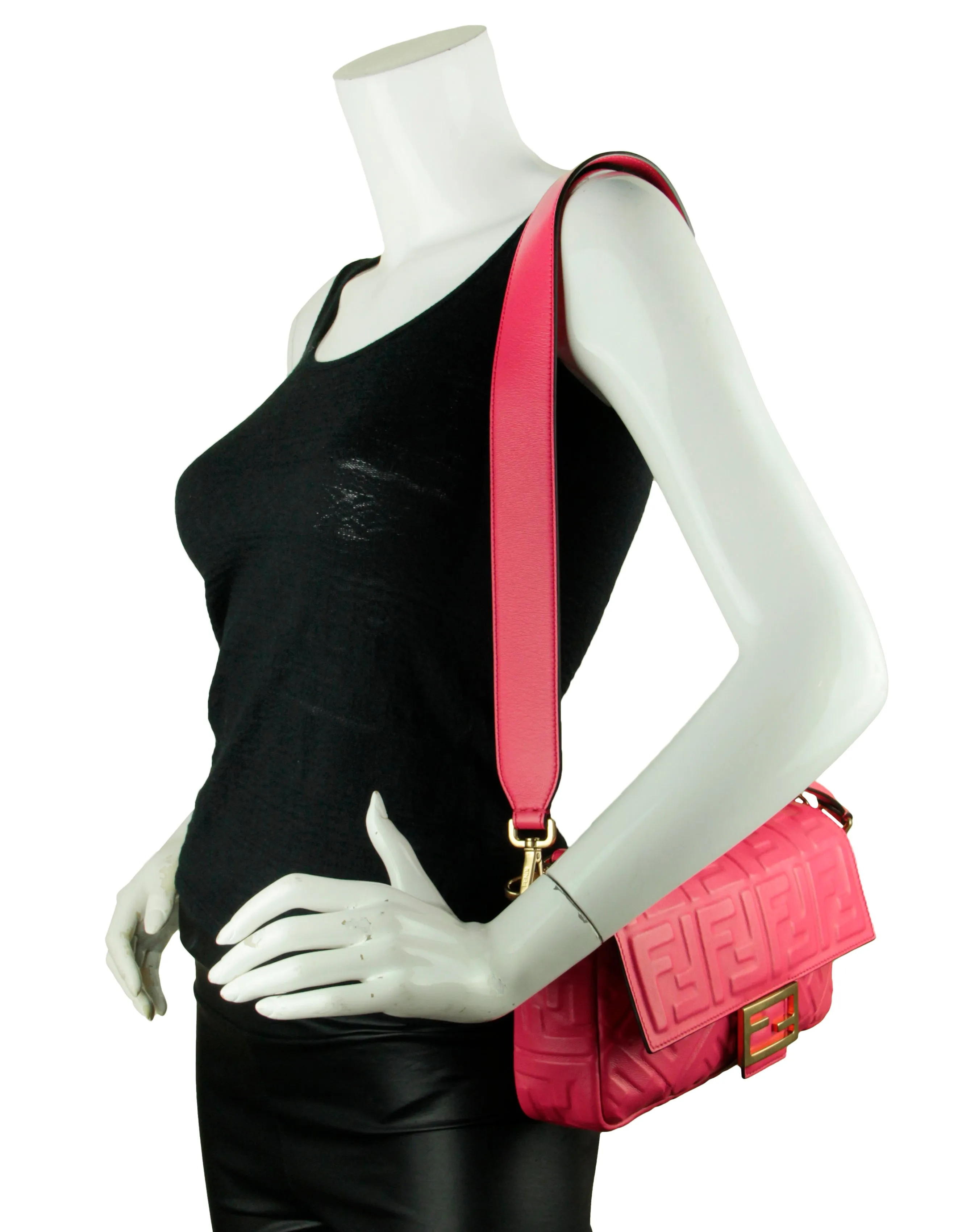 Fendi Pink Nappa Embossed Logo FF 1974 Large Baguette NM Bag w/ Two Straps