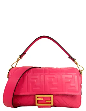 Fendi Pink Nappa Embossed Logo FF 1974 Large Baguette NM Bag w/ Two Straps
