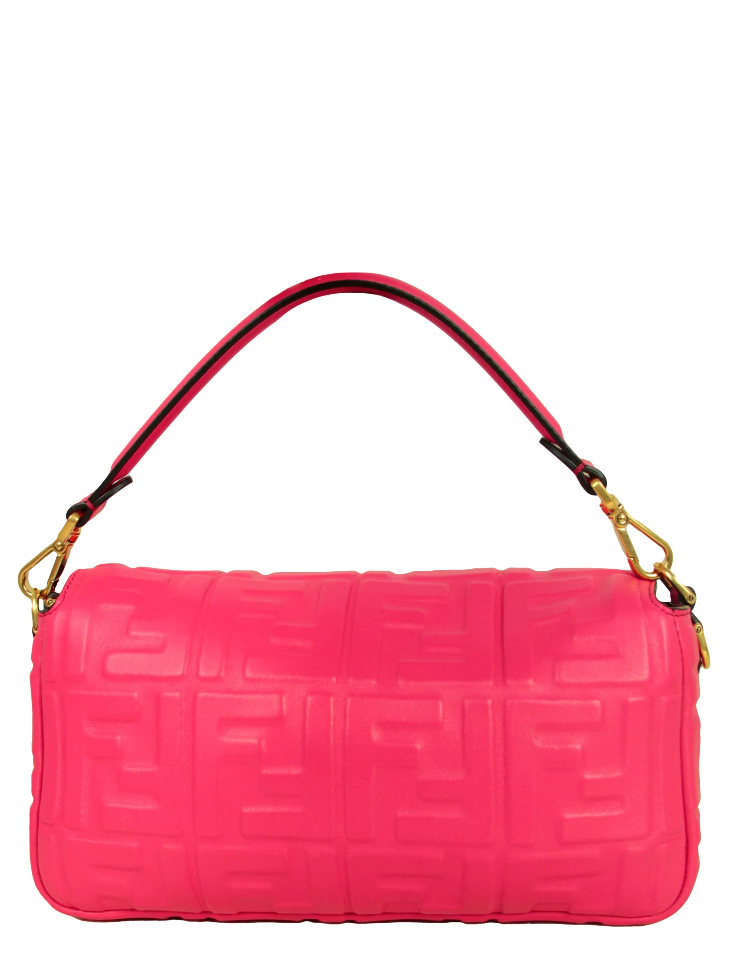 Fendi Pink Nappa Embossed Logo FF 1974 Large Baguette NM Bag w/ Two Straps