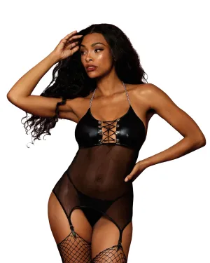 Fetish Faux-Leather & Mesh Garter Slip & G-string