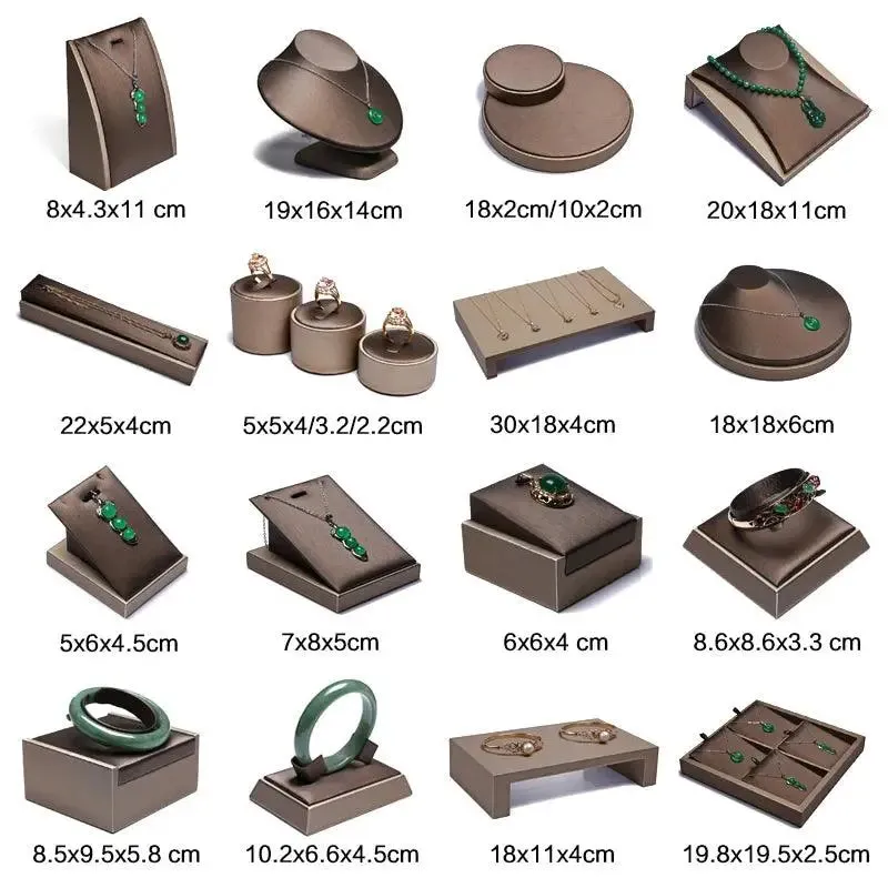 Finest Brown PU Leather Bracelet Pendant Necklace Jewellery Display Counter Stand Holder Bust Ring Earrings Presentation Shelf