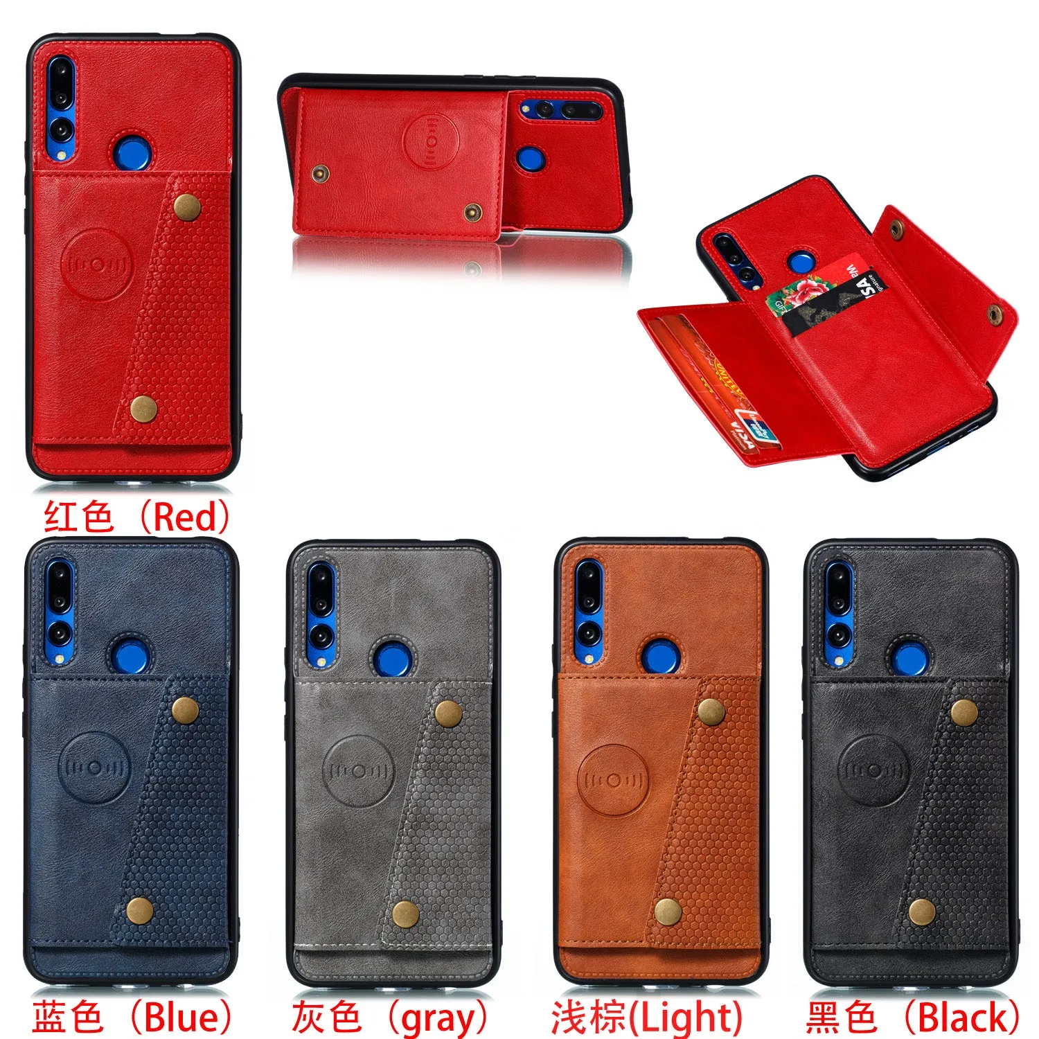 For HUAWEI Y9 prime 2019 PU Leather Shockproof Cell Phone Case Anti-dust Phone Case with Double Buckle Card Slot Pocket  red