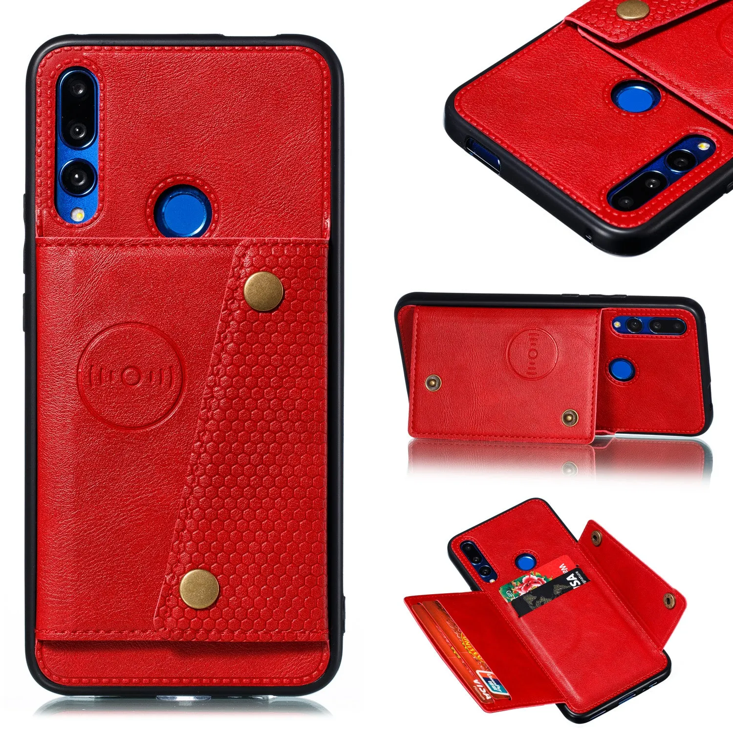 For HUAWEI Y9 prime 2019 PU Leather Shockproof Cell Phone Case Anti-dust Phone Case with Double Buckle Card Slot Pocket  red