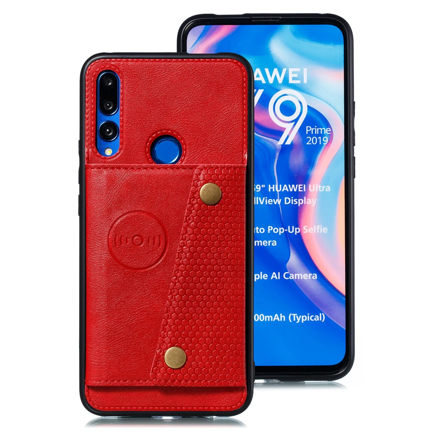 For HUAWEI Y9 prime 2019 PU Leather Shockproof Cell Phone Case Anti-dust Phone Case with Double Buckle Card Slot Pocket  red