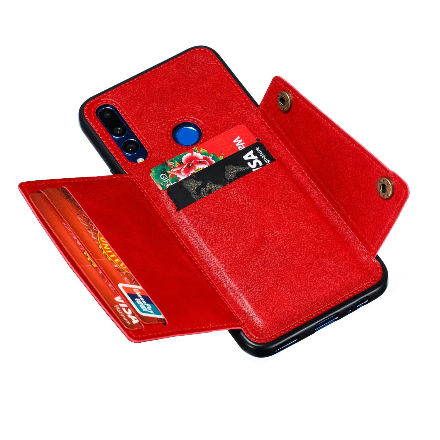 For HUAWEI Y9 prime 2019 PU Leather Shockproof Cell Phone Case Anti-dust Phone Case with Double Buckle Card Slot Pocket  red