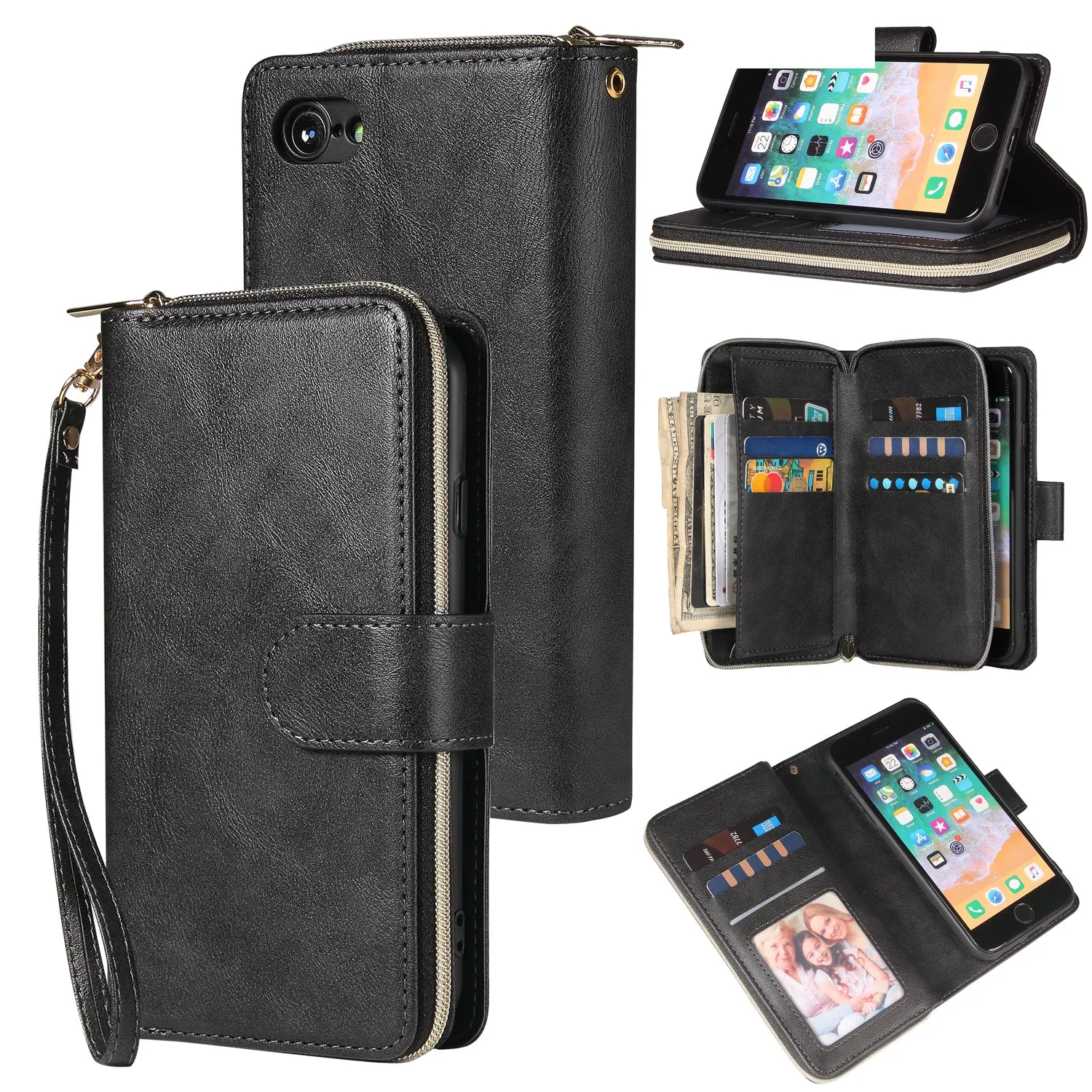 For Iphone 6/6s/6 Plus/6s Plus/7 Plus/8 Plus Pu Leather  Mobile Phone Cover Zipper Card Bag   Wrist Strap black