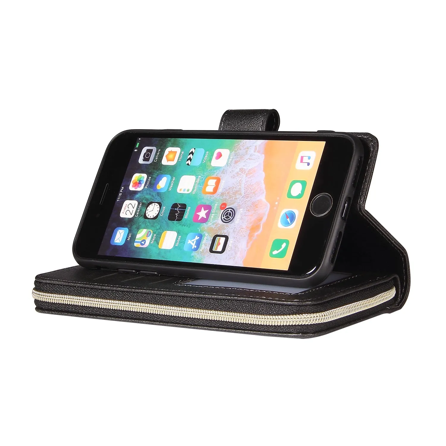 For Iphone 6/6s/6 Plus/6s Plus/7 Plus/8 Plus Pu Leather  Mobile Phone Cover Zipper Card Bag   Wrist Strap black