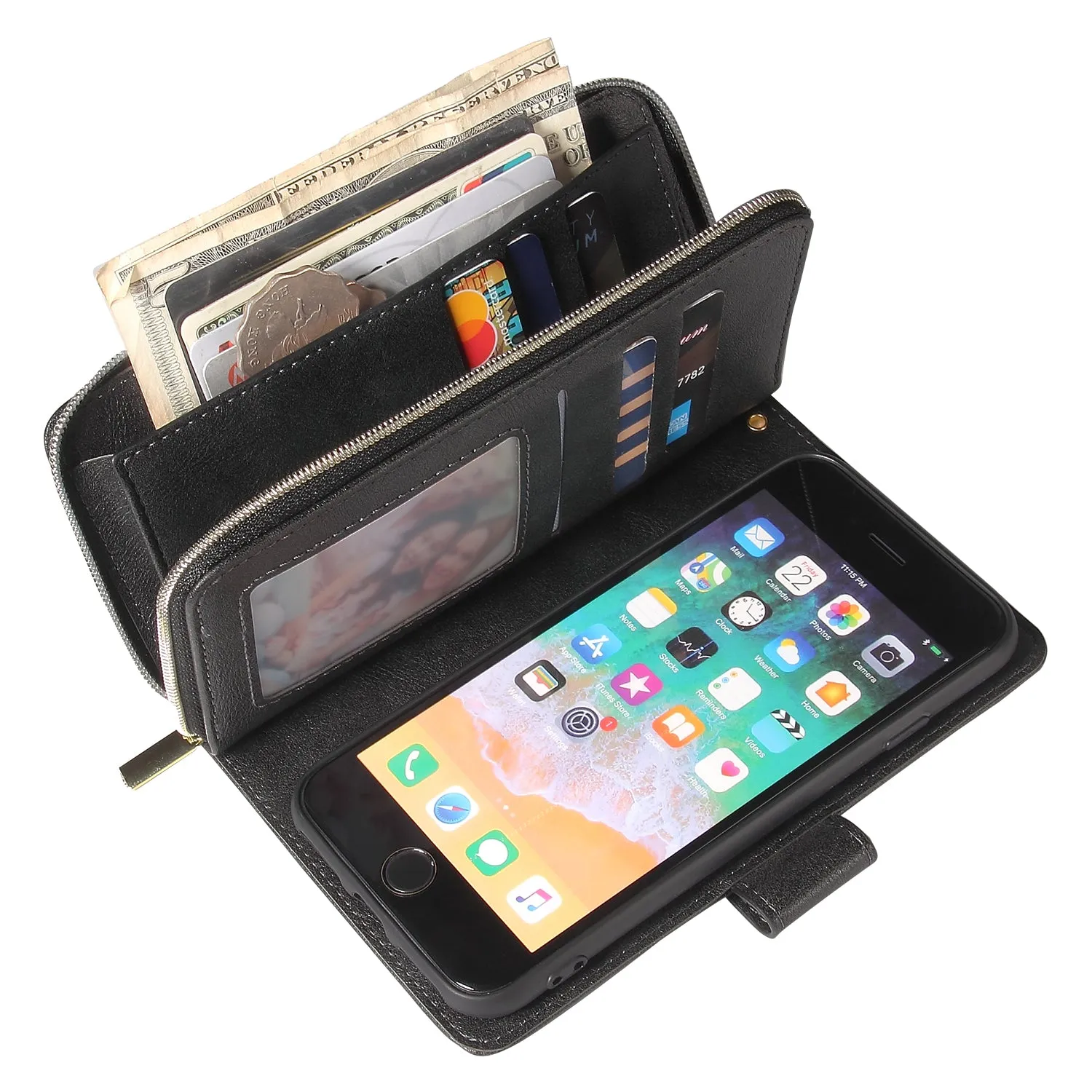 For Iphone 6/6s/6 Plus/6s Plus/7 Plus/8 Plus Pu Leather  Mobile Phone Cover Zipper Card Bag   Wrist Strap black