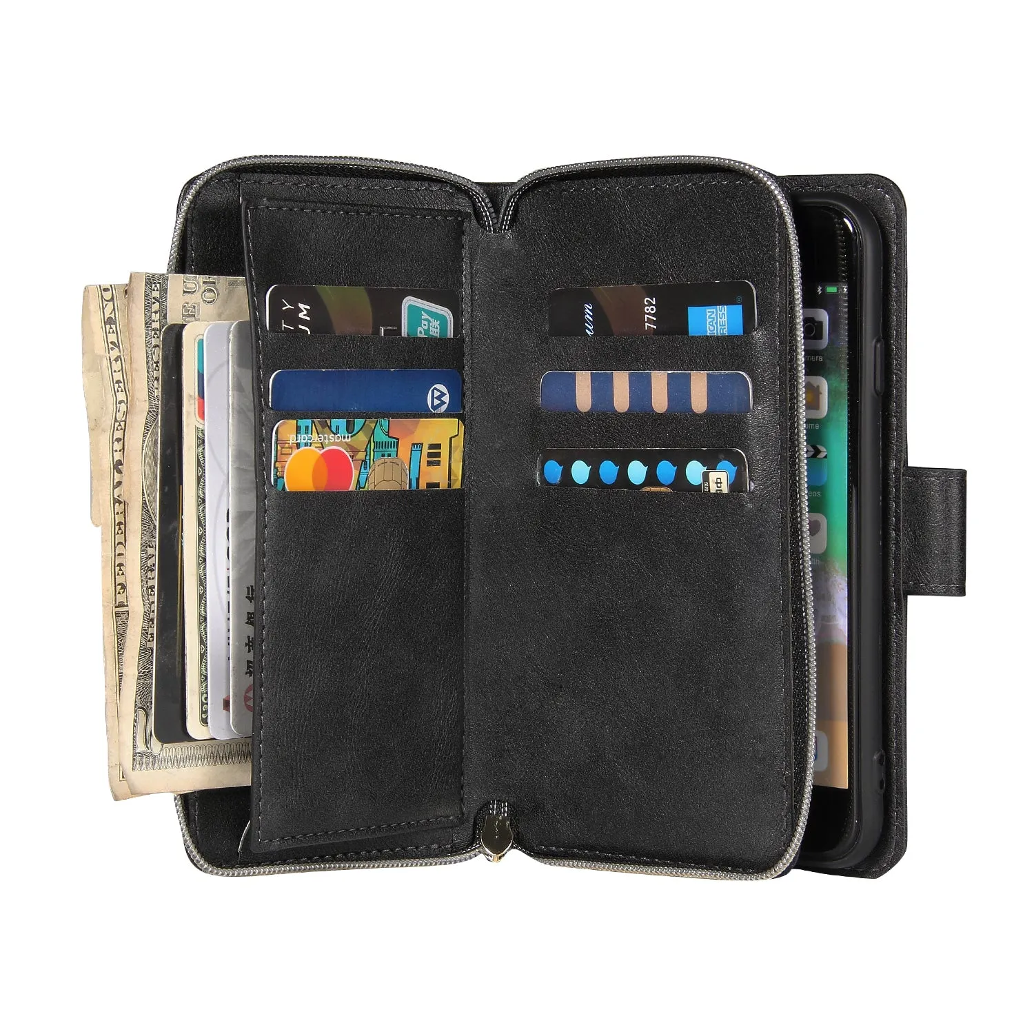 For Iphone 6/6s/6 Plus/6s Plus/7 Plus/8 Plus Pu Leather  Mobile Phone Cover Zipper Card Bag   Wrist Strap black