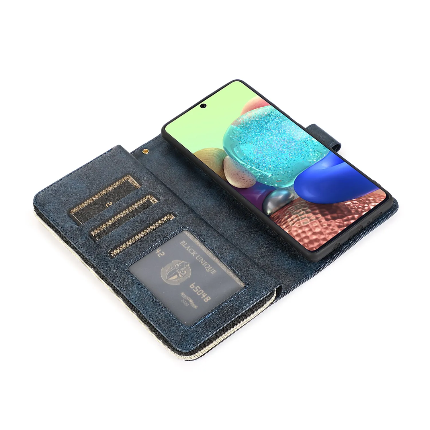 For Samsung A01/A21/A31/A41/A51 Pu Leather  Mobile Phone Cover Zipper Card Bag   Wrist Strap blue