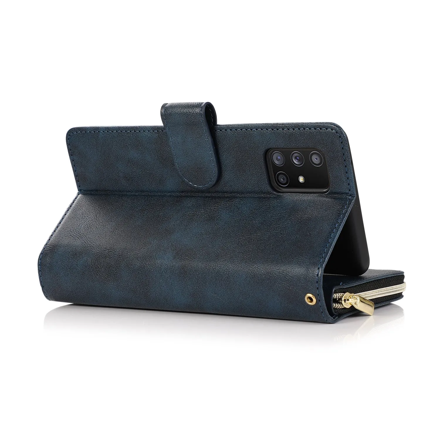 For Samsung A01/A21/A31/A41/A51 Pu Leather  Mobile Phone Cover Zipper Card Bag   Wrist Strap blue