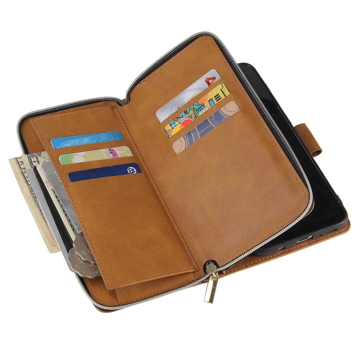 For Samsung A10/A20/A30/A50/A30S/A50S Pu Leather  Mobile Phone Cover Zipper Card Bag   Wrist Strap brown