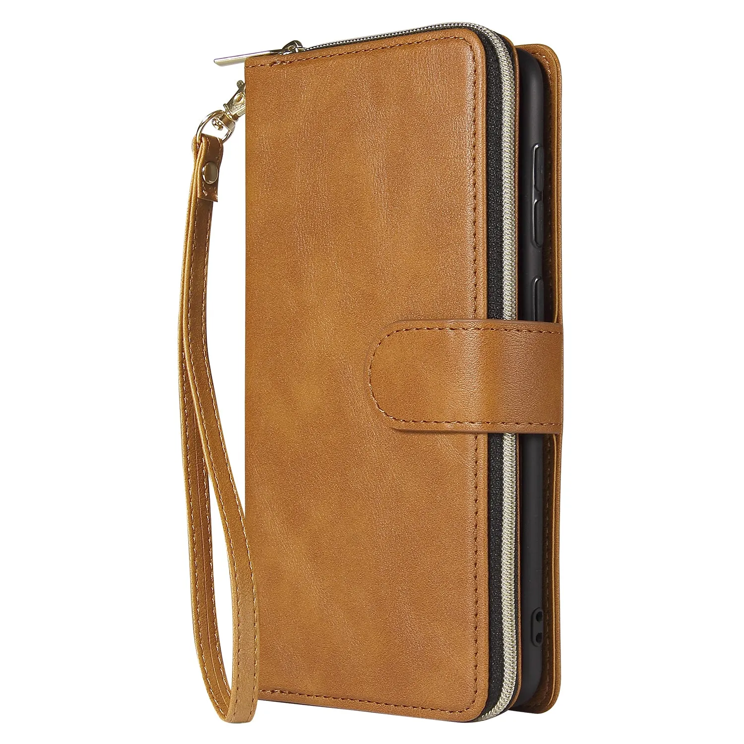 For Samsung A10/A20/A30/A50/A30S/A50S Pu Leather  Mobile Phone Cover Zipper Card Bag   Wrist Strap brown